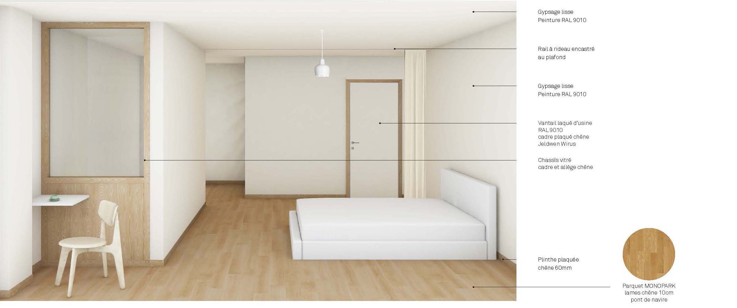 Planche des matériaux d’une chambre : châssis vitré en chêne, porte laquée blanche et parquet en chêne