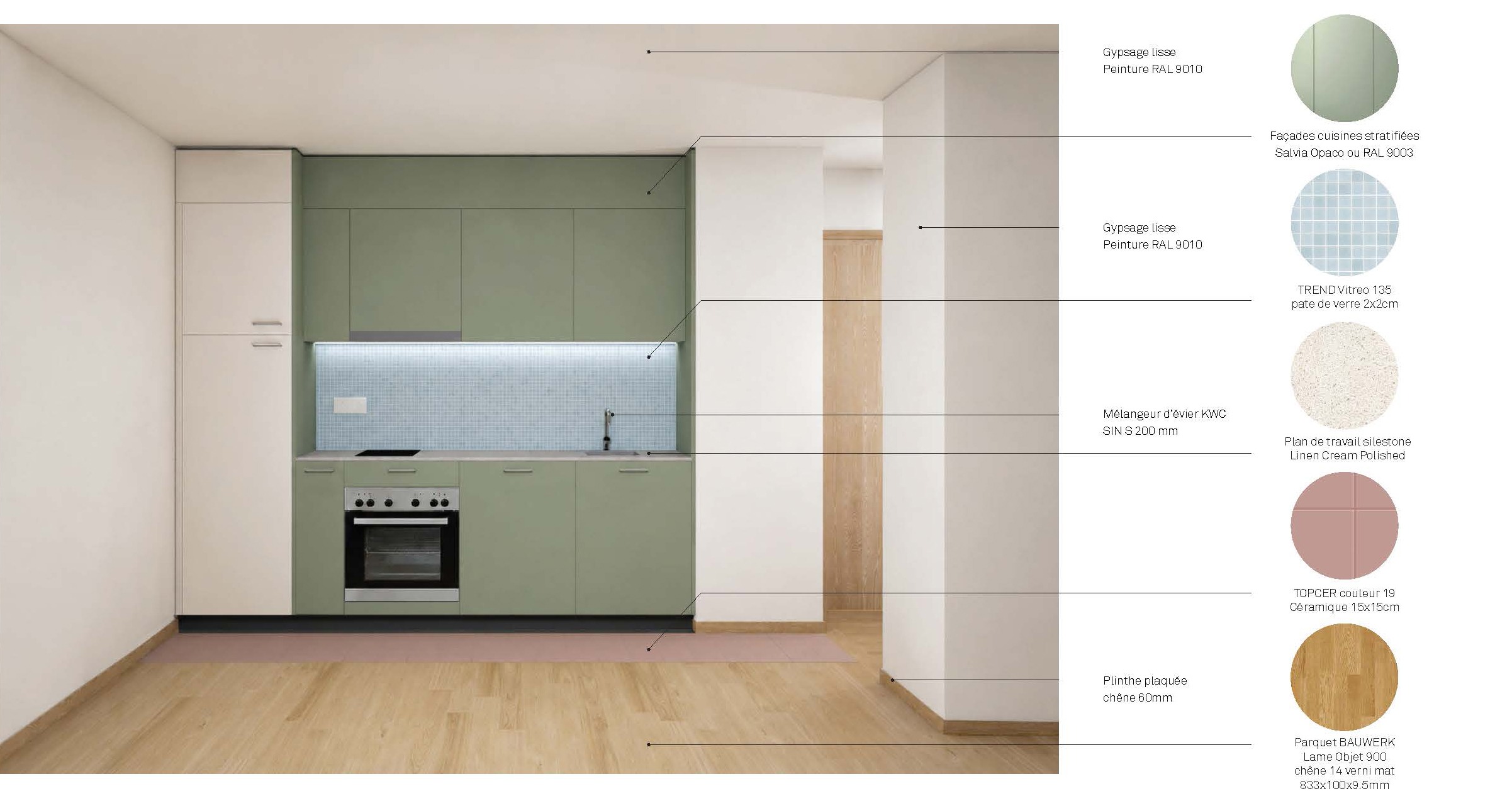 Planche des matériaux d’une cuisine : façades vert sauge, mosaïque de verre, plan en Silestone et parquet en chêne