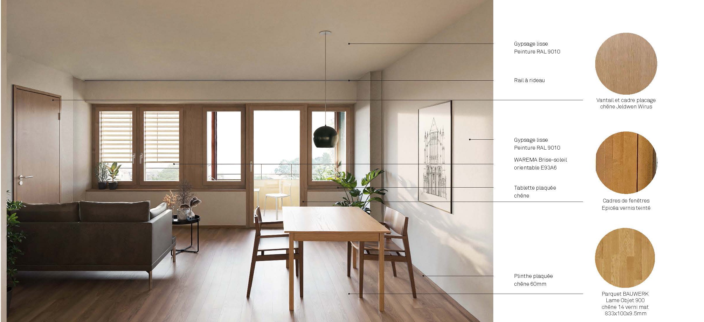 Planche des matériaux d’un séjour : fenêtres bois-métal, portes en chêne et parquet en chêne