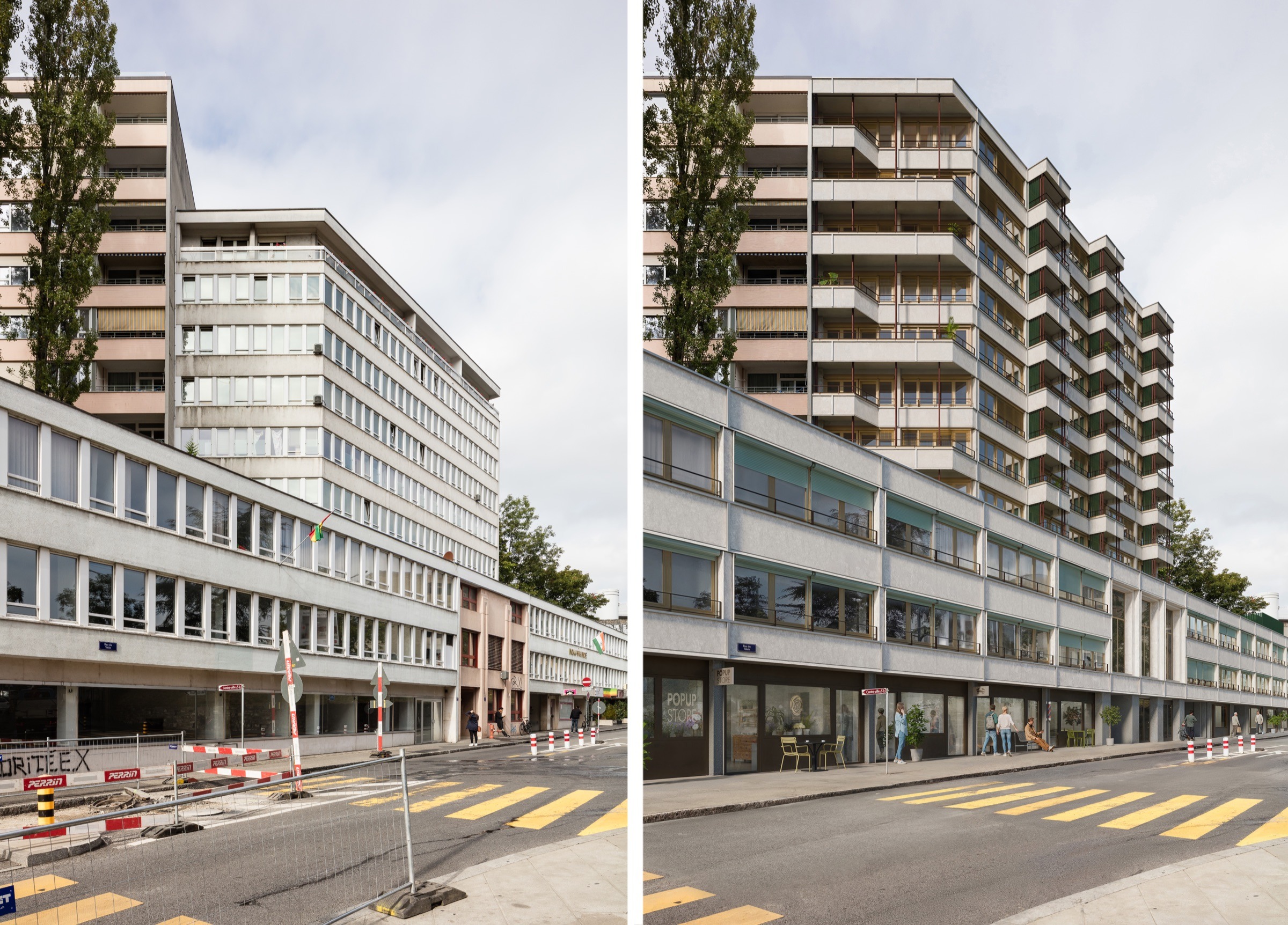 L’immeuble sur la rue du Valais avant les travaux, à gauche, puis surélevé avec ses nouveaux balcons, à droite