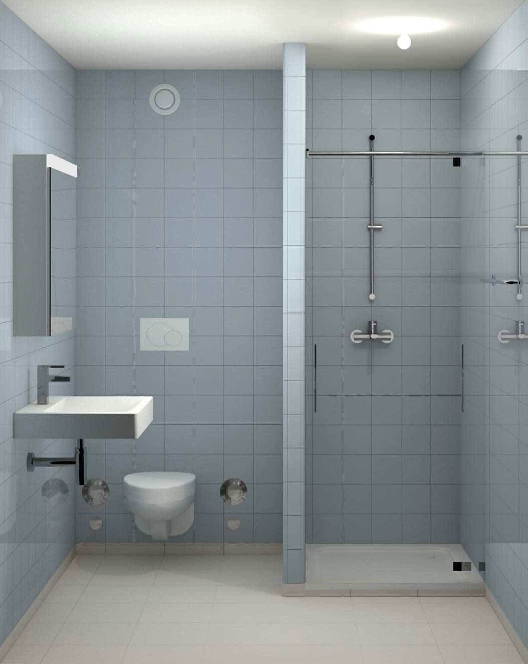 Salle d’eau carrelée de bleu avec douche à l’italienne