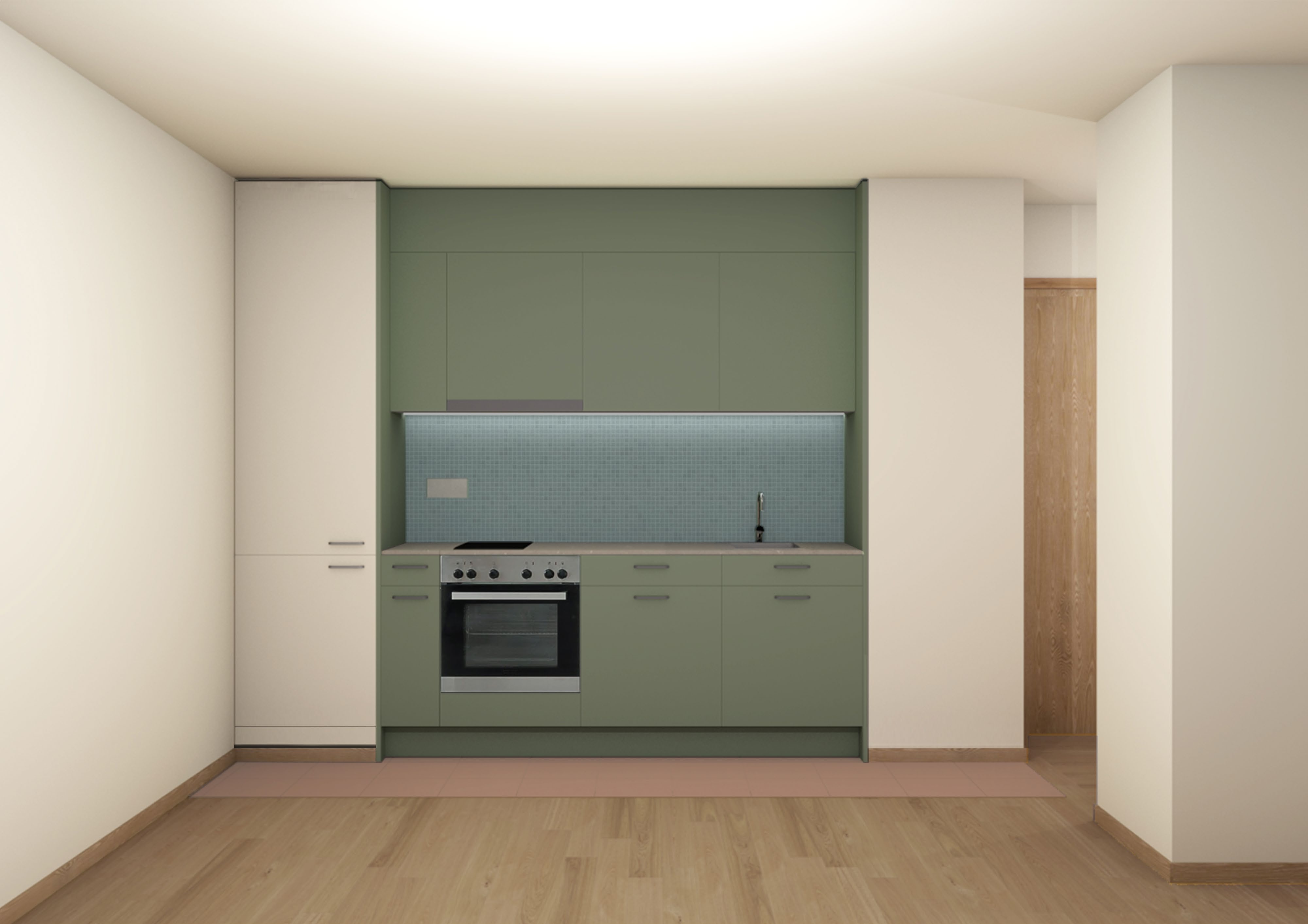 Cuisine vert sauge sur parquet en chêne