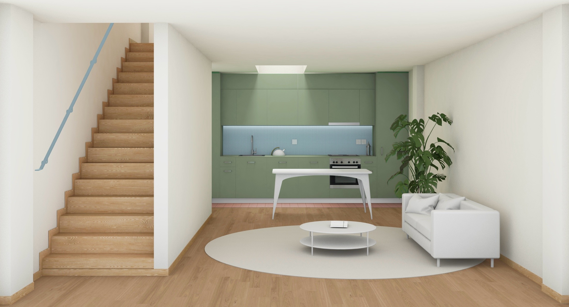 Séjour en duplex avec escalier en bois et cuisine verte
