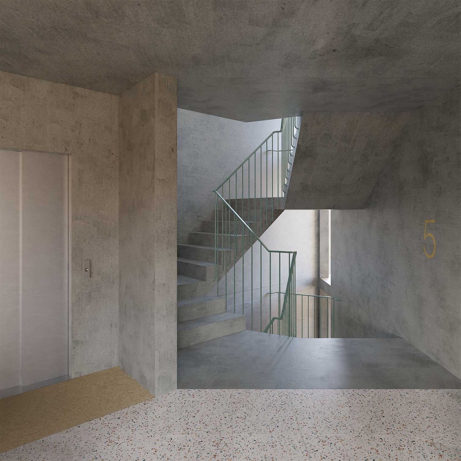 Intérieur en duplex avec escalier, cuisine et salon