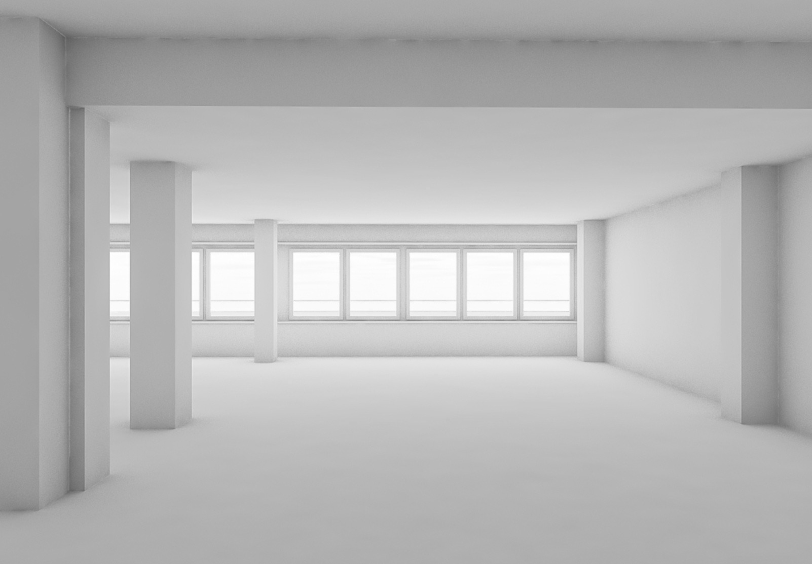 Plateau de bureaux vide, rythmé de piliers, sous une rangée de fenêtres