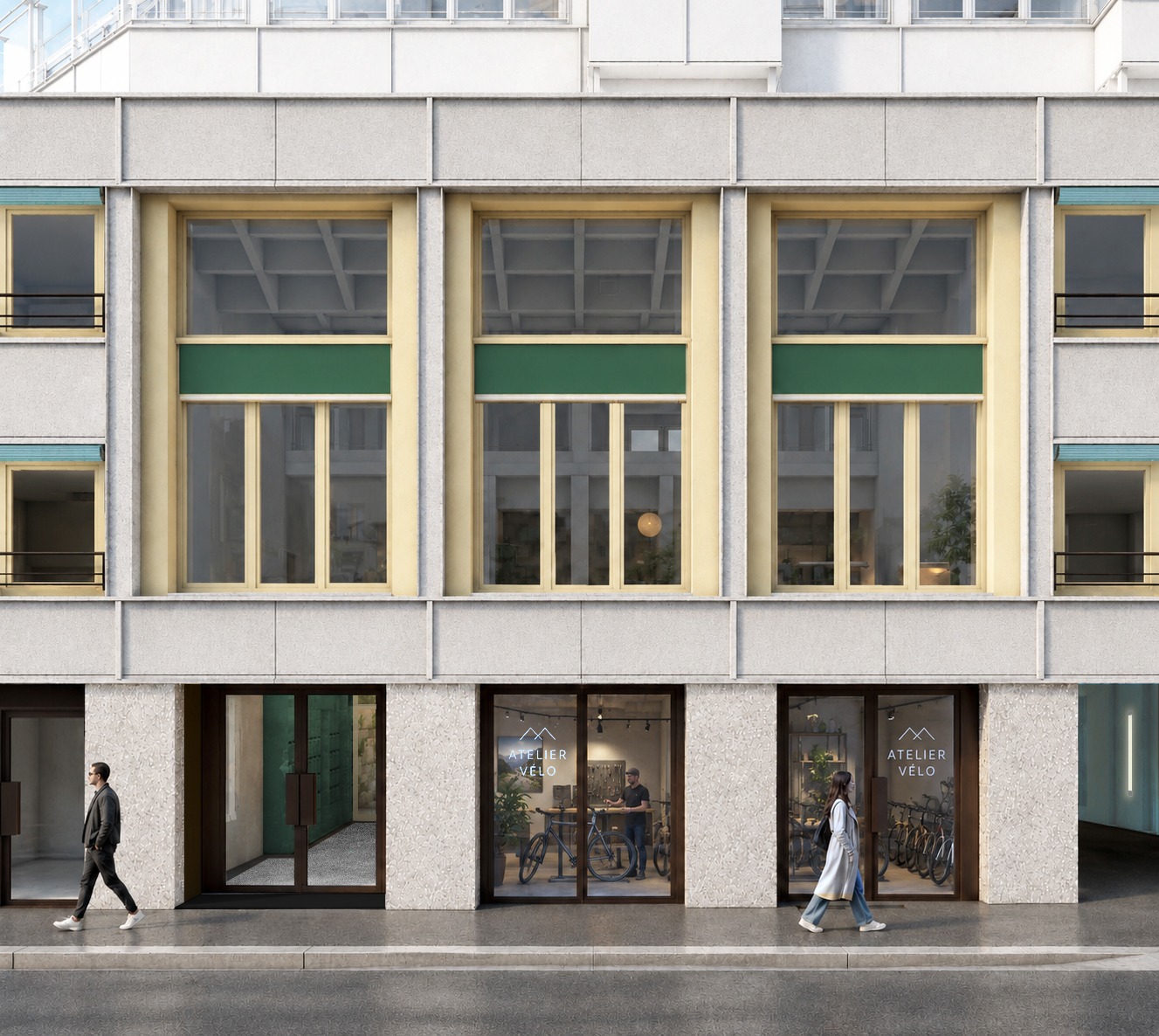 Façade des lofts actifs : grandes baies au-dessus des vitrines sur rue