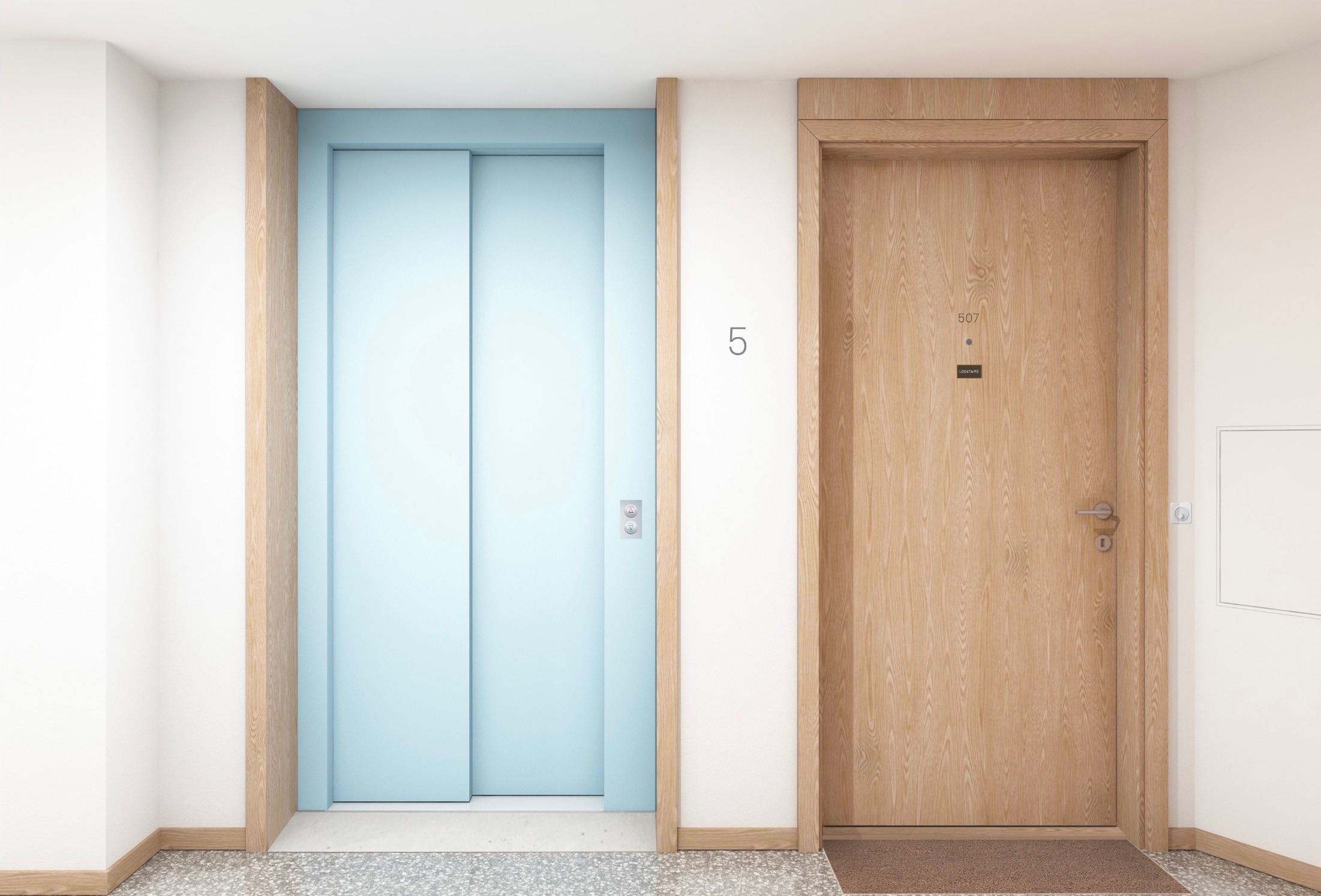 Porte d’entrée d’un appartement à côté de l’ascenseur