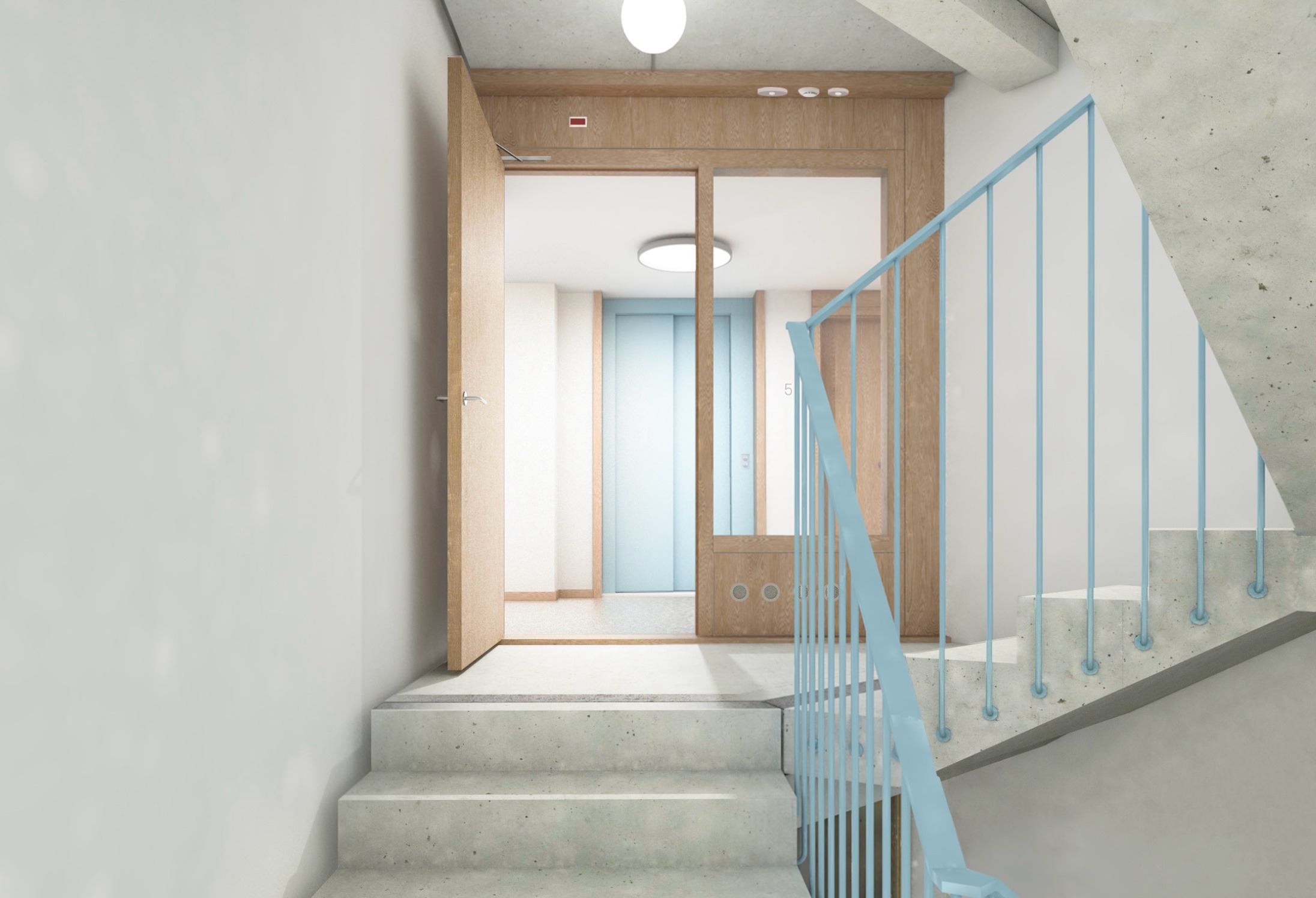 Palier d’entrée avec escalier et ascenseur